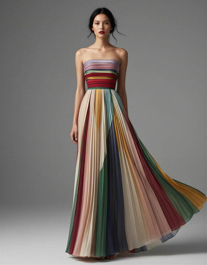 Boho Maxi Dress Colorful Pleated Strapless Formal Gown – Rainbow Summer Wedding Guest Flowy Evening Dress