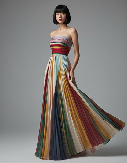 Boho Maxi Dress Colorful Pleated Strapless Formal Gown – Rainbow Summer Wedding Guest Flowy Evening Dress