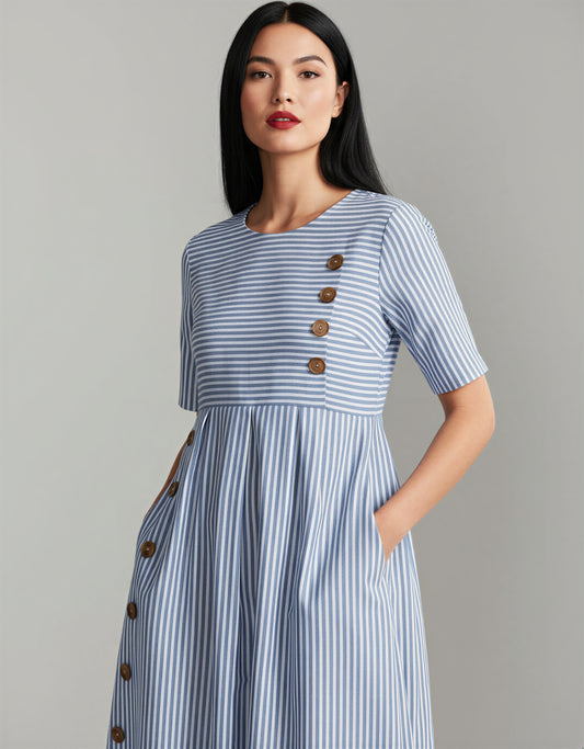 Striped Button Down Midi Dress – Women’s Cotton Casual Summer Dress with Pockets, Short Sleeves, Vintage-Inspired
