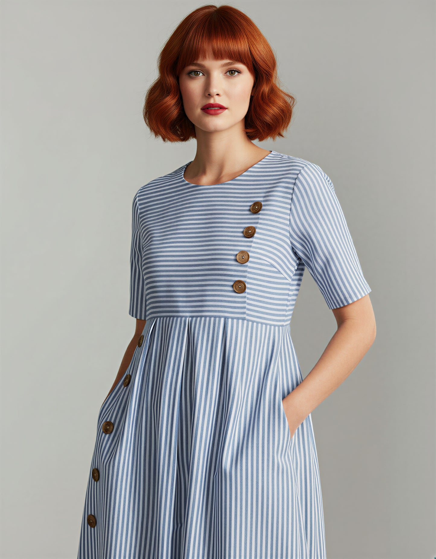 Striped Button Down Midi Dress – Women’s Cotton Casual Summer Dress with Pockets, Short Sleeves, Vintage-Inspired