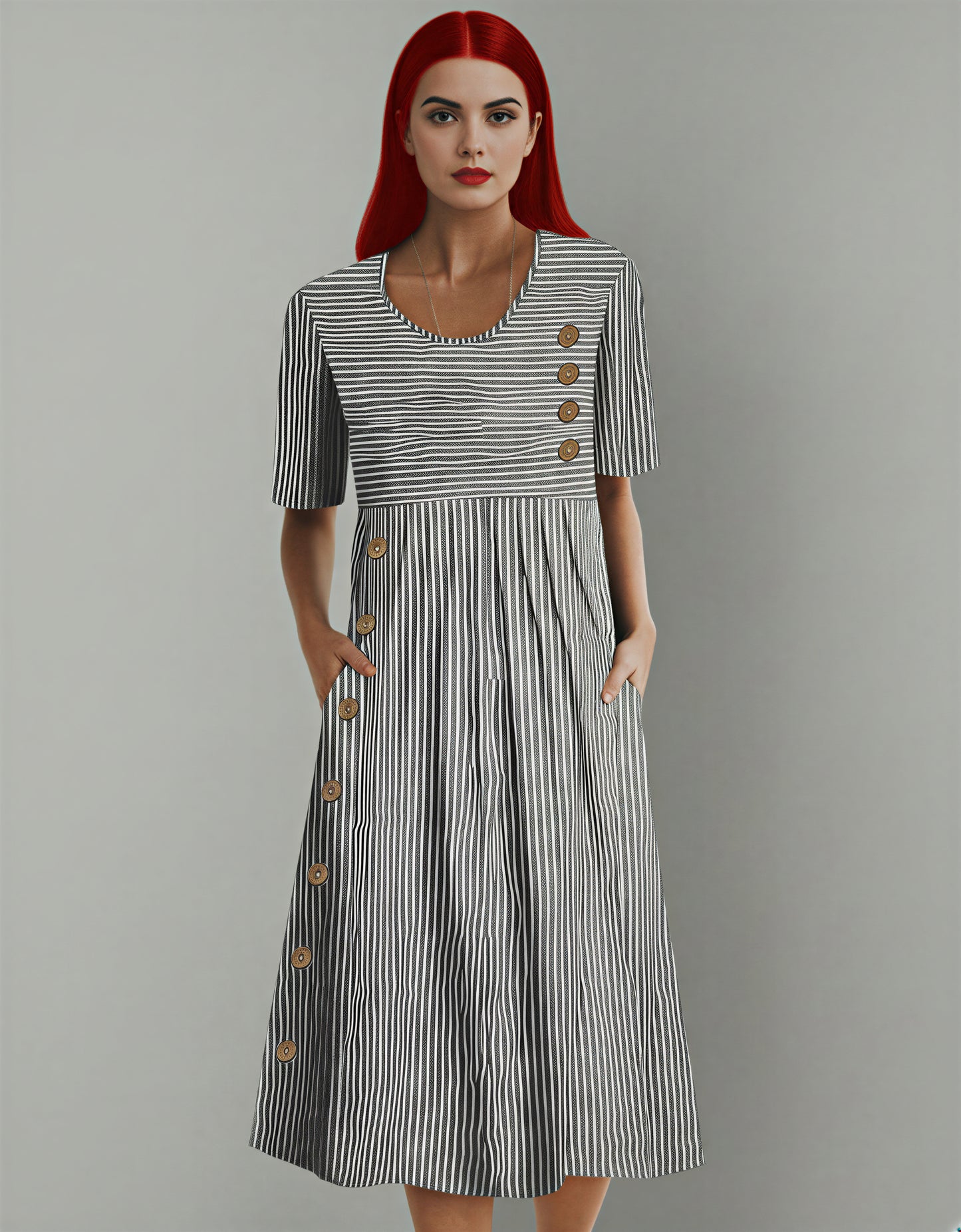 Striped Button Down Midi Dress – Women’s Cotton Casual Summer Dress with Pockets, Short Sleeves, Vintage-Inspired