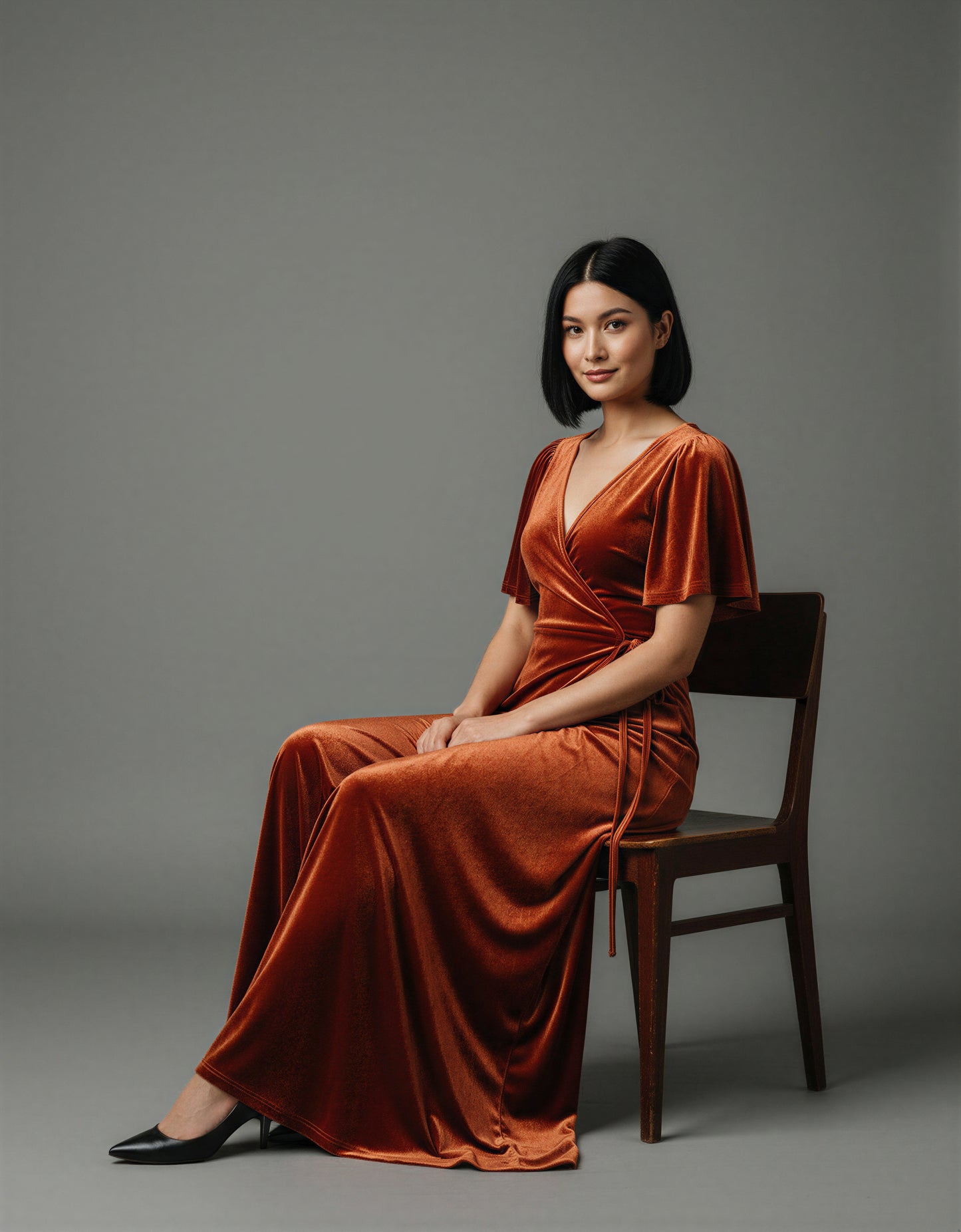 Rust Velvet Wrap Maxi Dress – Long Bell Sleeve True Wrap Gown with Tulip Hem | Zalvare