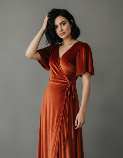 Rust Velvet Wrap Maxi Dress – Long Bell Sleeve True Wrap Gown with Tulip Hem | Zalvare