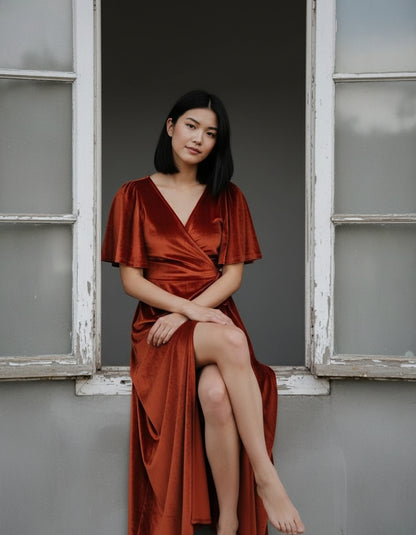 Rust Velvet Wrap Maxi Dress – Long Bell Sleeve True Wrap Gown with Tulip Hem | Zalvare