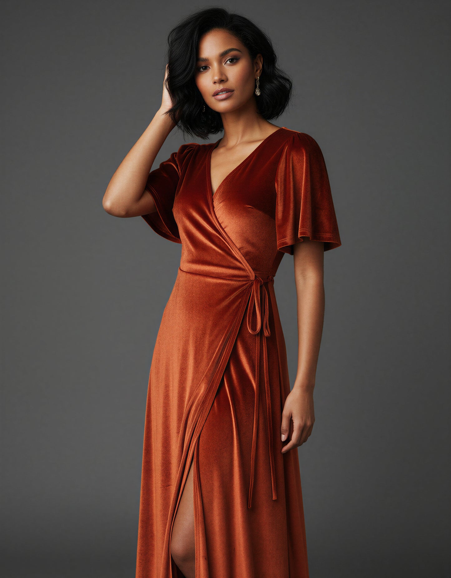 Rust Velvet Wrap Maxi Dress – Long Bell Sleeve True Wrap Gown with Tulip Hem | Zalvare