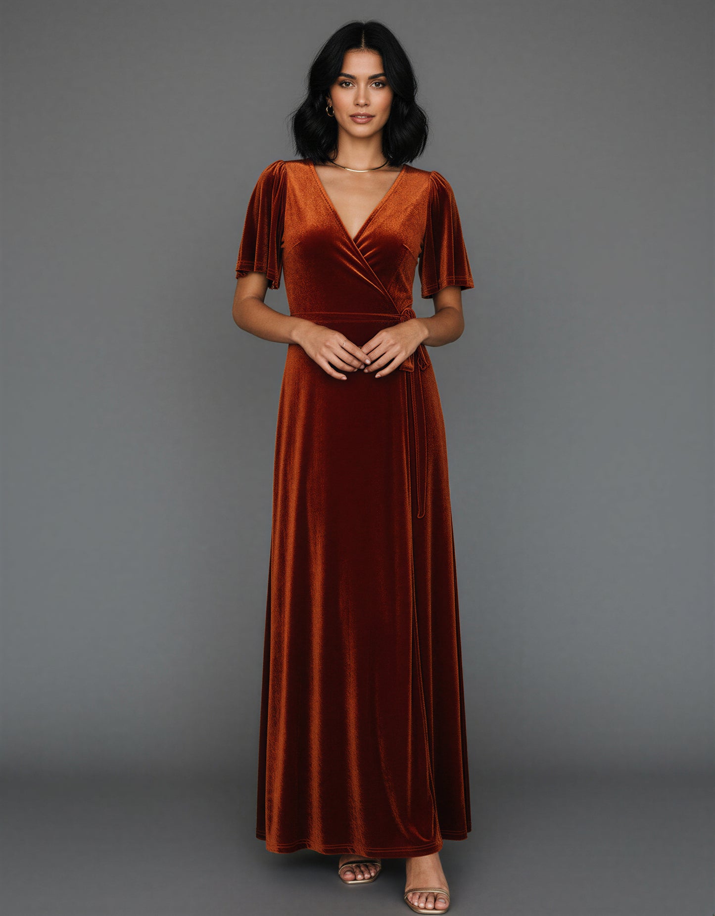 Rust Velvet Wrap Maxi Dress – Long Bell Sleeve True Wrap Gown with Tulip Hem | Zalvare