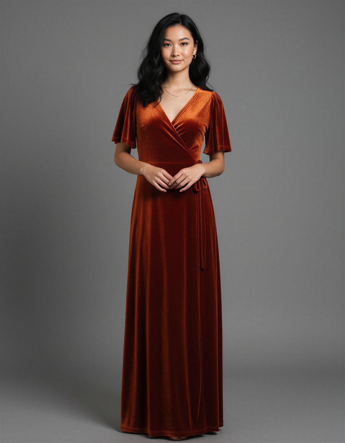 Rust Velvet Wrap Maxi Dress – Long Bell Sleeve True Wrap Gown with Tulip Hem | Zalvare