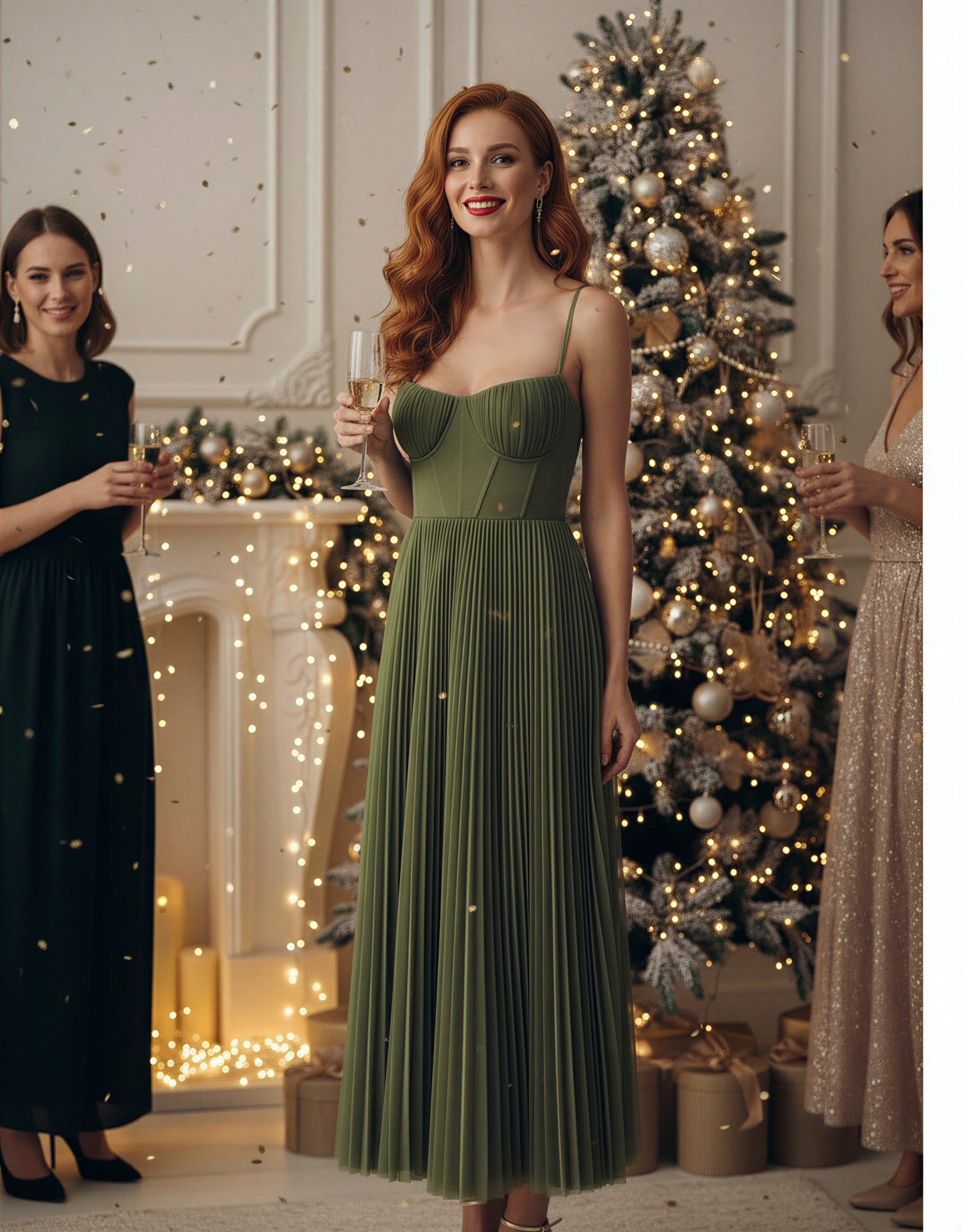 Christmas party dress, new year's eve outfit, elegant holiday dress, festive green dress