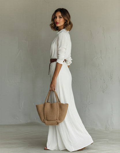 Long Sleeve Draped Shirt Dress | V-Neck Button Down Maxi