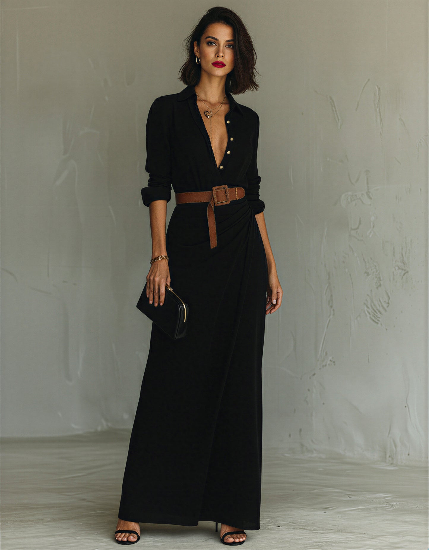 Long Sleeve Draped Shirt Dress | V-Neck Button Down Maxi