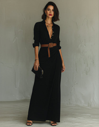 Long Sleeve Draped Shirt Dress | V-Neck Button Down Maxi