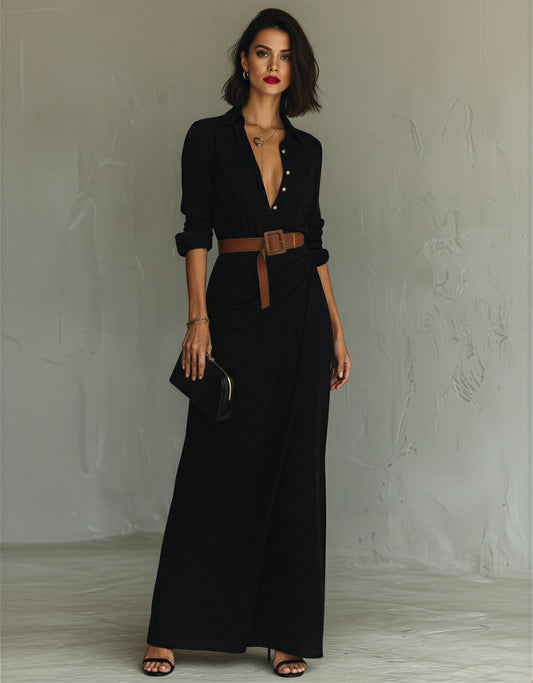 Long Sleeve Draped Shirt Dress | V-Neck Button Down Maxi