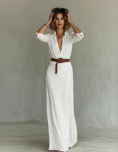 Long Sleeve Draped Shirt Dress | V-Neck Button Down Maxi