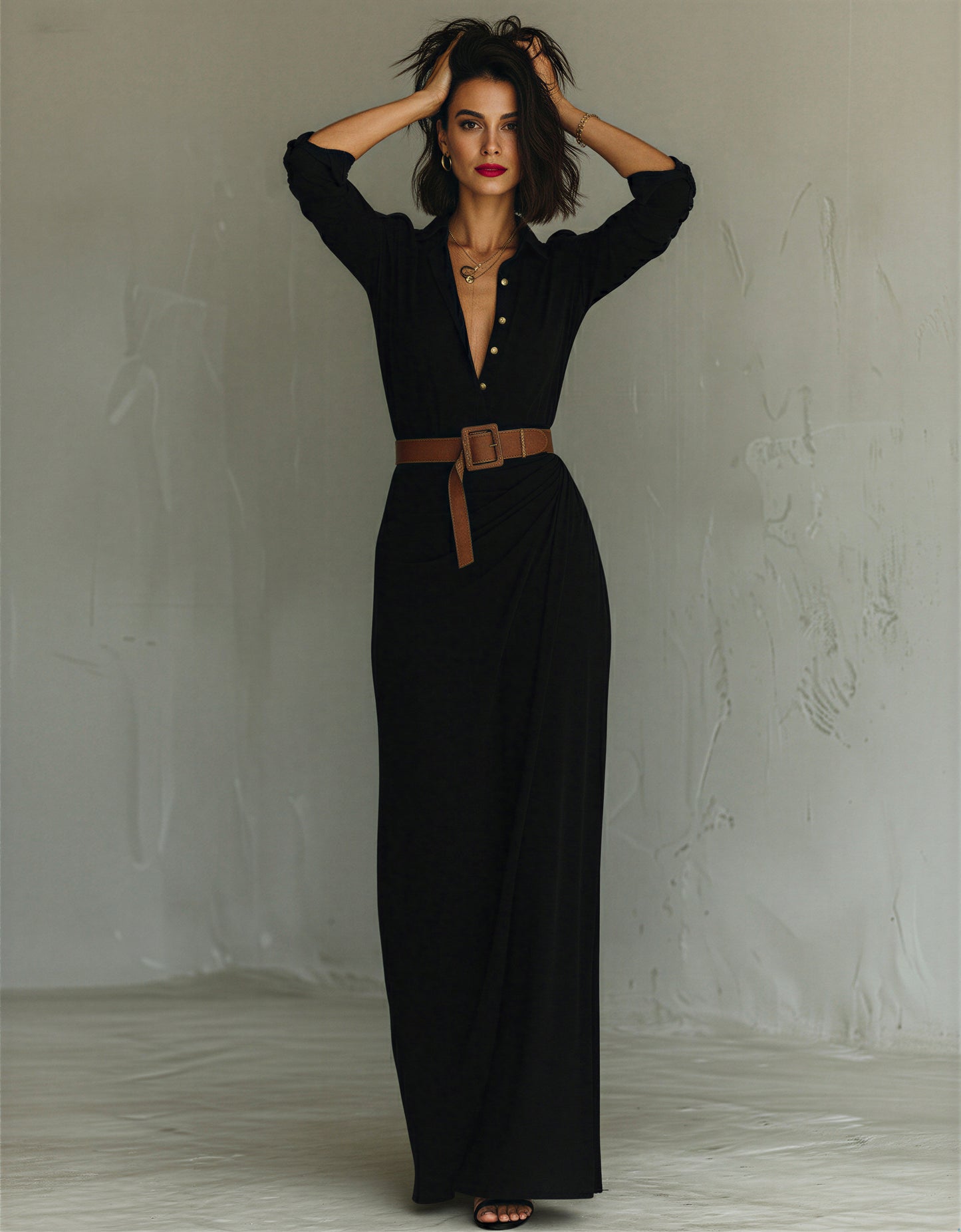 Long Sleeve Draped Shirt Dress | V-Neck Button Down Maxi
