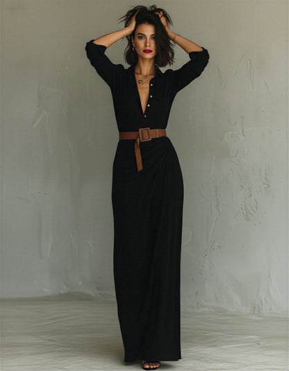 Long Sleeve Draped Shirt Dress | V-Neck Button Down Maxi