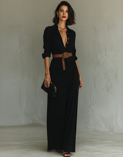 Long Sleeve Draped Shirt Dress | V-Neck Button Down Maxi