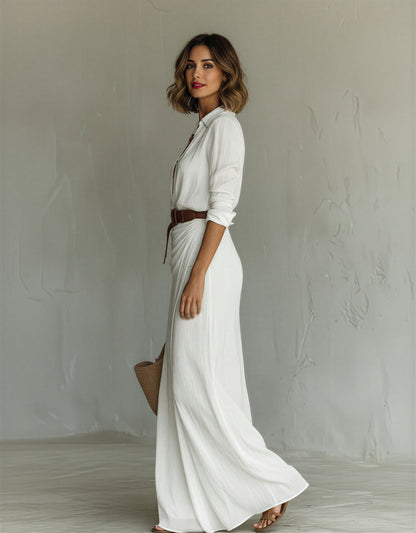 Long Sleeve Draped Shirt Dress | V-Neck Button Down Maxi