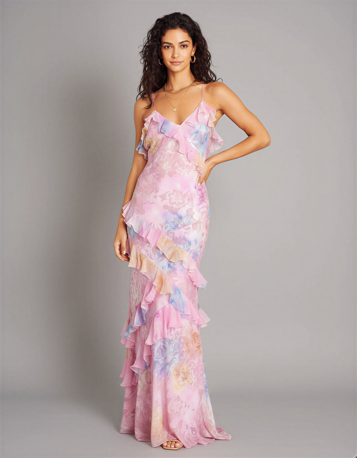 Boho Maxi Dress – Flowy Floral Ruffle Long Dress for Women – Open Back Summer Maxi Dress with Tiered Layers