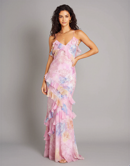 Boho Maxi Dress – Flowy Floral Ruffle Long Dress for Women – Open Back Summer Maxi Dress with Tiered Layers
