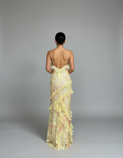 Boho Maxi Dress – Flowy Floral Ruffle Long Dress for Women – Open Back Summer Maxi Dress with Tiered Layers