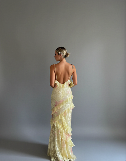 Boho Maxi Dress – Flowy Floral Ruffle Long Dress for Women – Open Back Summer Maxi Dress with Tiered Layers