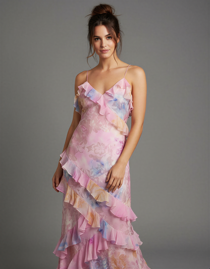 Boho Maxi Dress – Flowy Floral Ruffle Long Dress for Women – Open Back Summer Maxi Dress with Tiered Layers