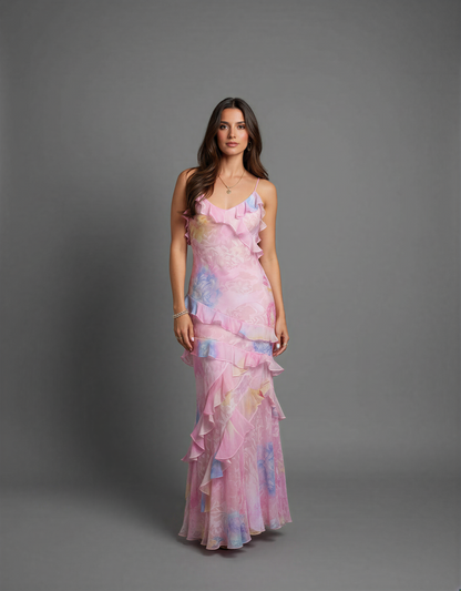 Boho Maxi Dress – Flowy Floral Ruffle Long Dress for Women – Open Back Summer Maxi Dress with Tiered Layers