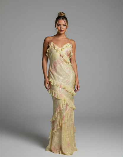 Boho Maxi Dress – Flowy Floral Ruffle Long Dress for Women – Open Back Summer Maxi Dress with Tiered Layers