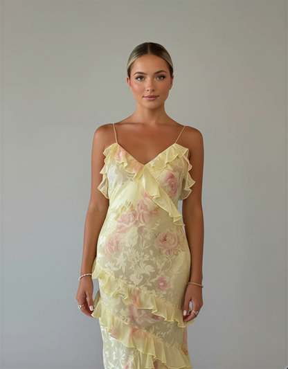 Boho Maxi Dress – Flowy Floral Ruffle Long Dress for Women – Open Back Summer Maxi Dress with Tiered Layers