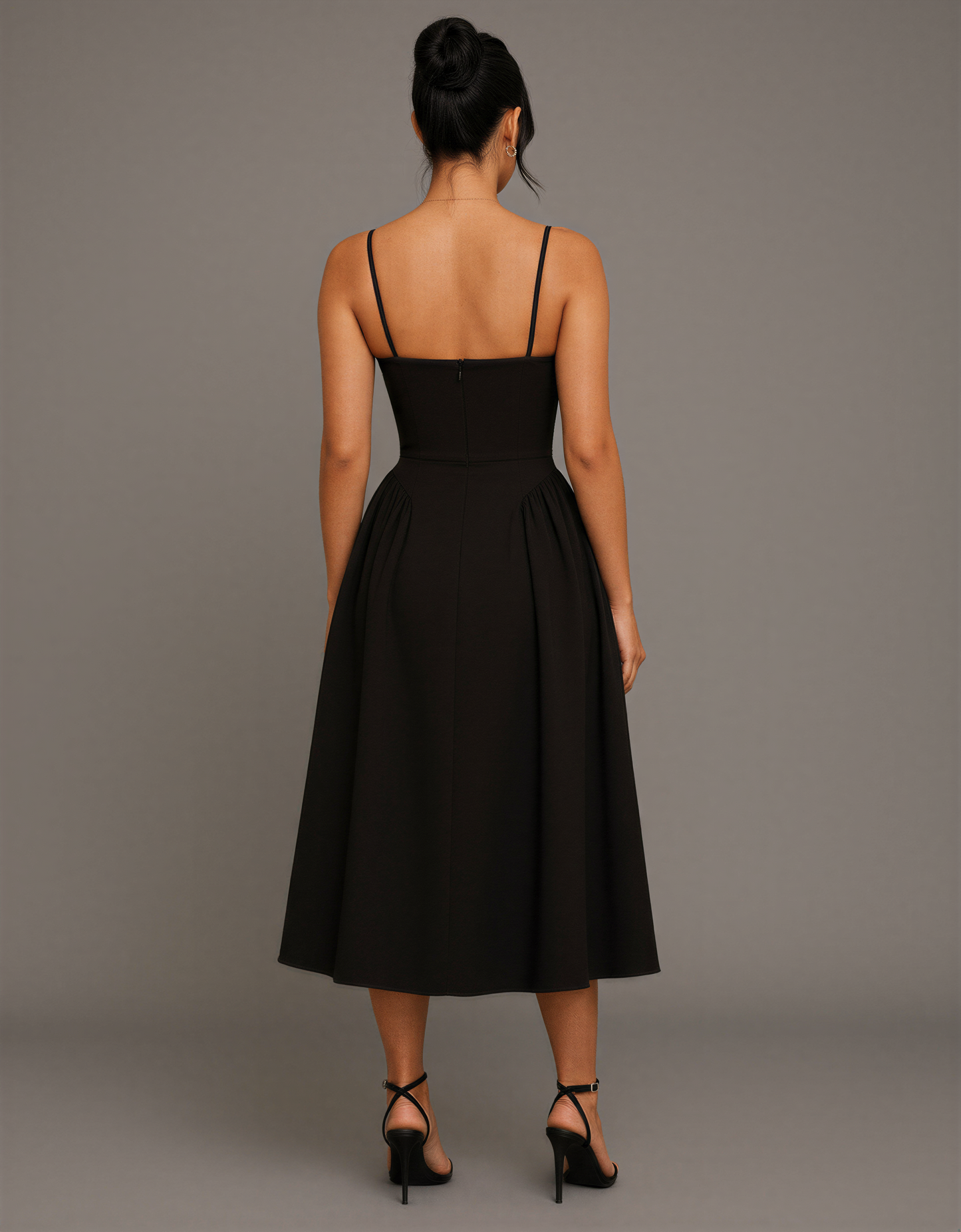 Pleated Elegant Black Sweetheart Neckline Midi Dress with Spaghetti Straps and Flared Pleated Skirt – Timeless Fit-and-Flare Silhouette for Holiday Parties and Formal EventsSkater Midaxi Dress