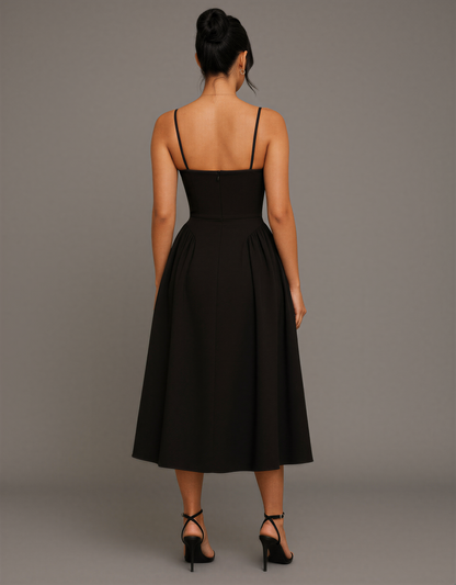 Pleated Elegant Black Sweetheart Neckline Midi Dress with Spaghetti Straps and Flared Pleated Skirt – Timeless Fit-and-Flare Silhouette for Holiday Parties and Formal EventsSkater Midaxi Dress