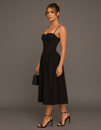 Pleated Elegant Black Sweetheart Neckline Midi Dress with Spaghetti Straps and Flared Pleated Skirt – Timeless Fit-and-Flare Silhouette for Holiday Parties and Formal EventsSkater Midaxi Dress