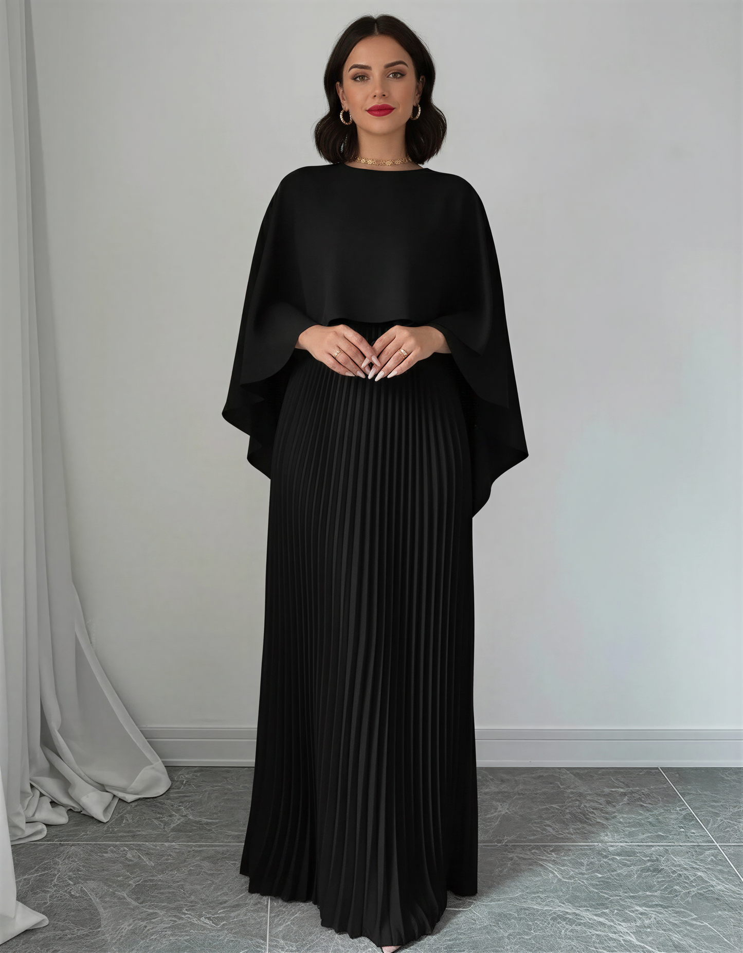 Batwing Sleeve Pleated Maxi Dress – Elegant Cape Overlay Long Evening Gown for Women – Formal Pleated A-Line Dress
