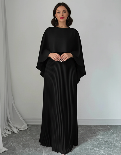 Batwing Sleeve Pleated Maxi Dress – Elegant Cape Overlay Long Evening Gown for Women – Formal Pleated A-Line Dress