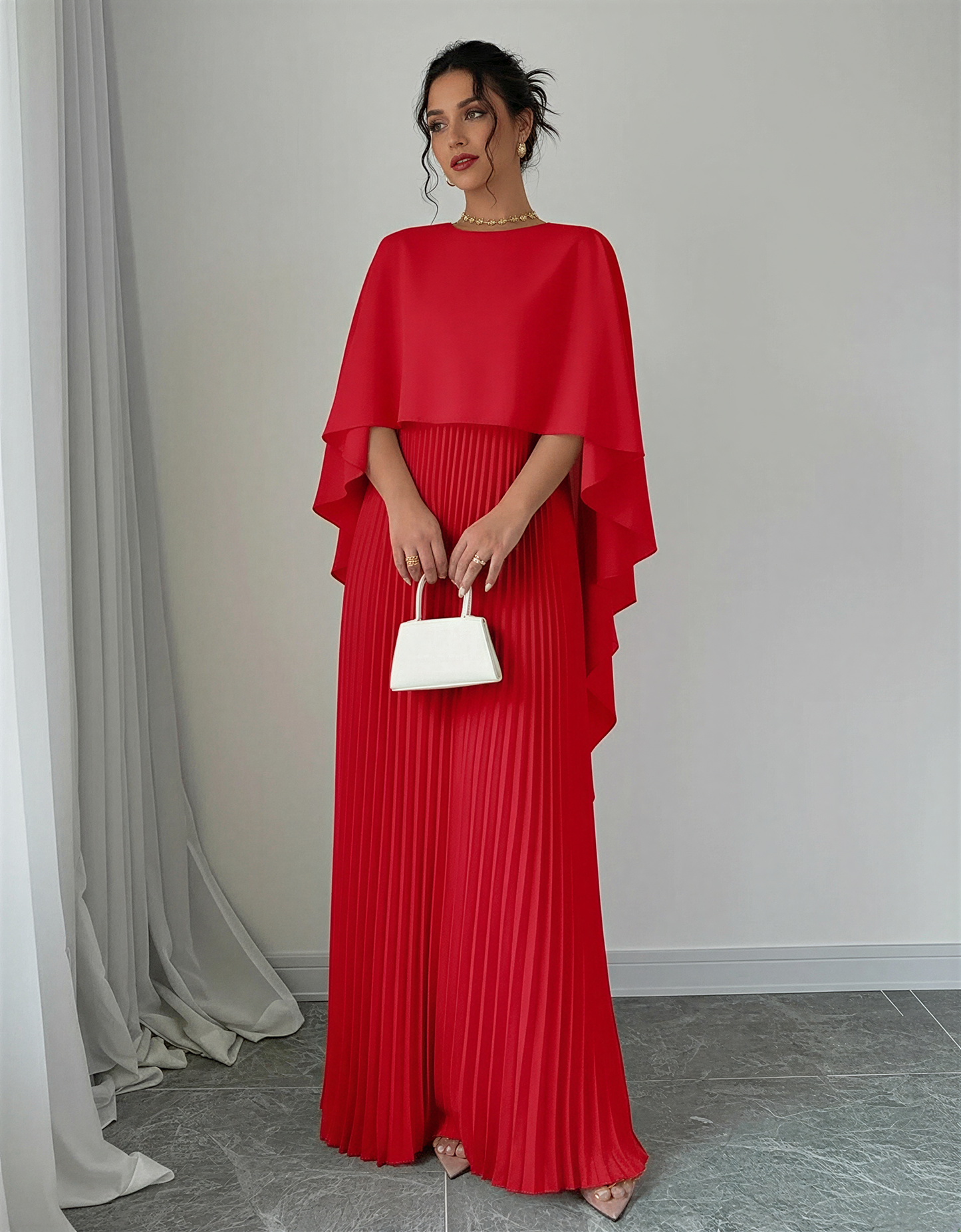 Batwing Sleeve Pleated Maxi Dress – Elegant Cape Overlay Long Evening Gown for Women – Formal Pleated A-Line Dress