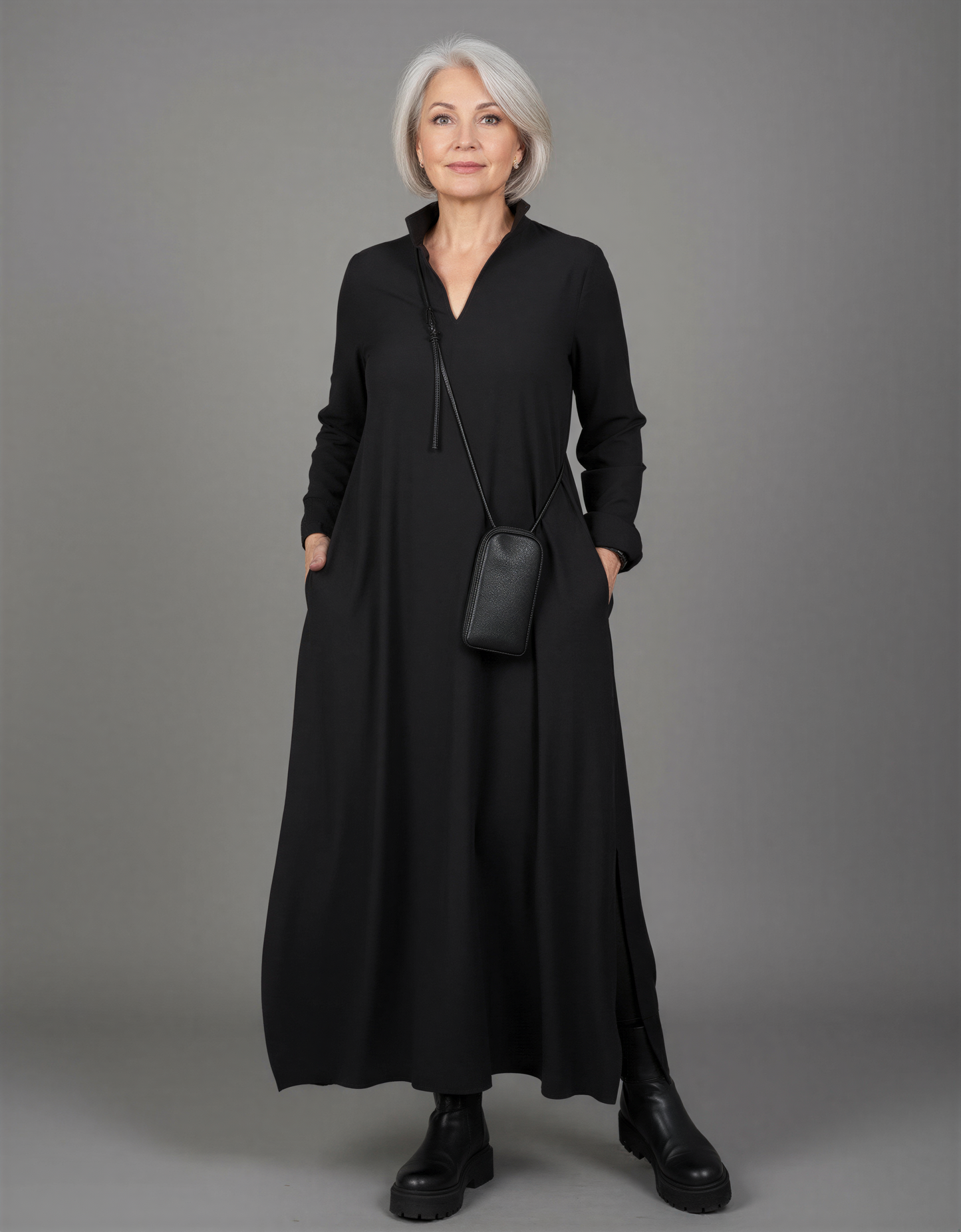 Black and Dark Green Long Sleeve Maxi Dress with Side Slits for Women - Elegant Comfort and Style