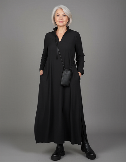 Black and Dark Green Long Sleeve Maxi Dress with Side Slits for Women - Elegant Comfort and Style