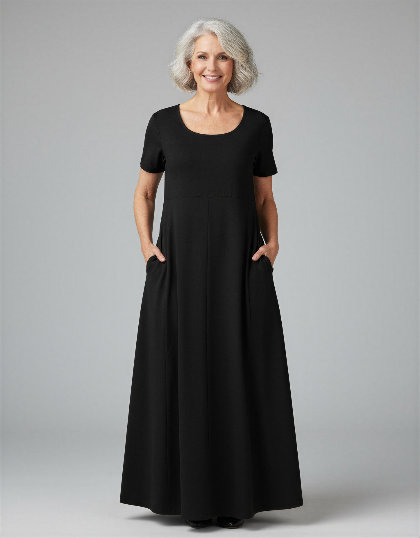 Elegant Plus Size Short Sleeve Maxi Dress with Hidden Pockets for Women 40+