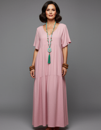 Plus Size Relaxed Fit Bohemian V-Neck Maxi Dress for Women 40+ – Comfortable Tiered Design