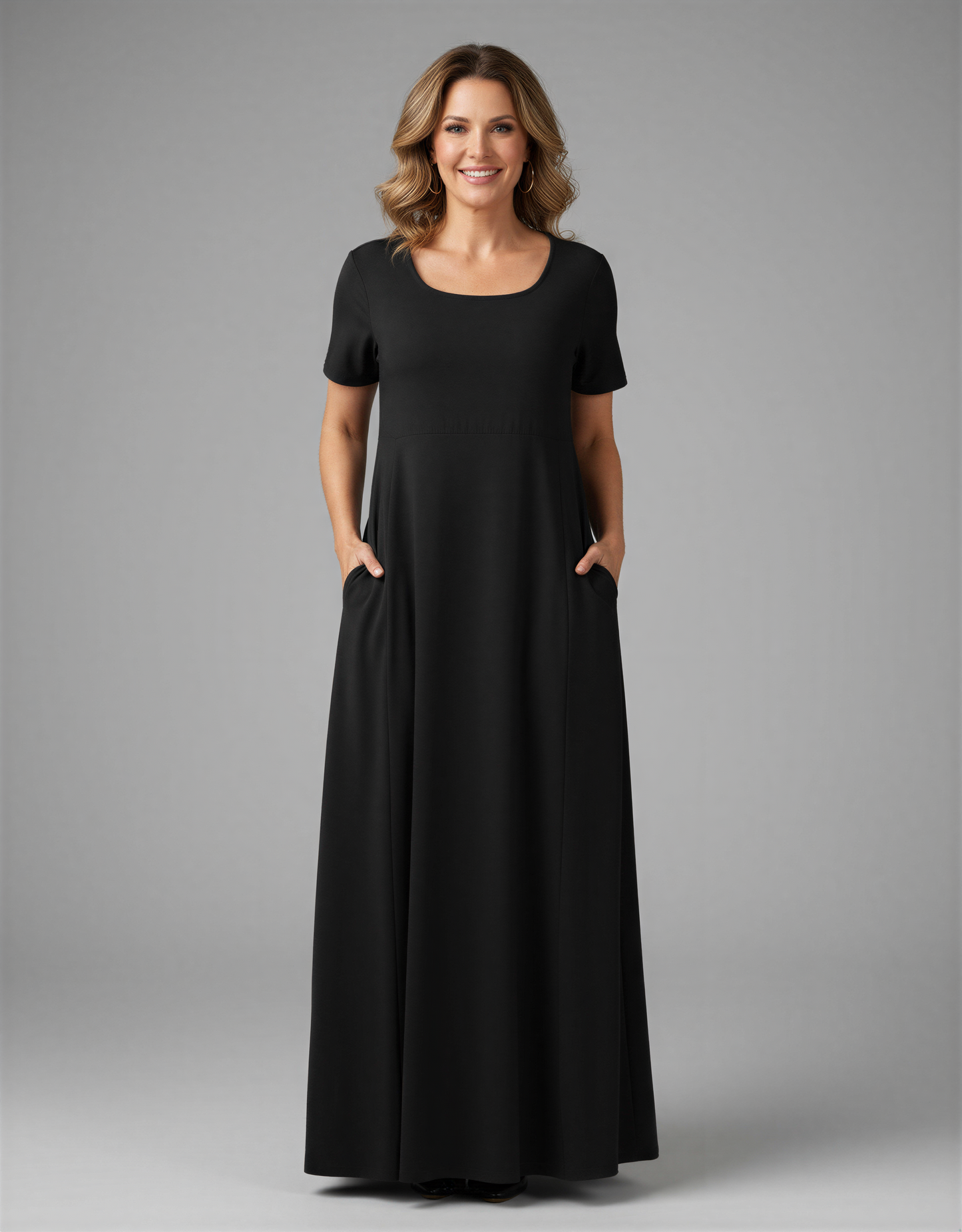 Elegant Plus Size Short Sleeve Maxi Dress with Hidden Pockets for Women 40+
