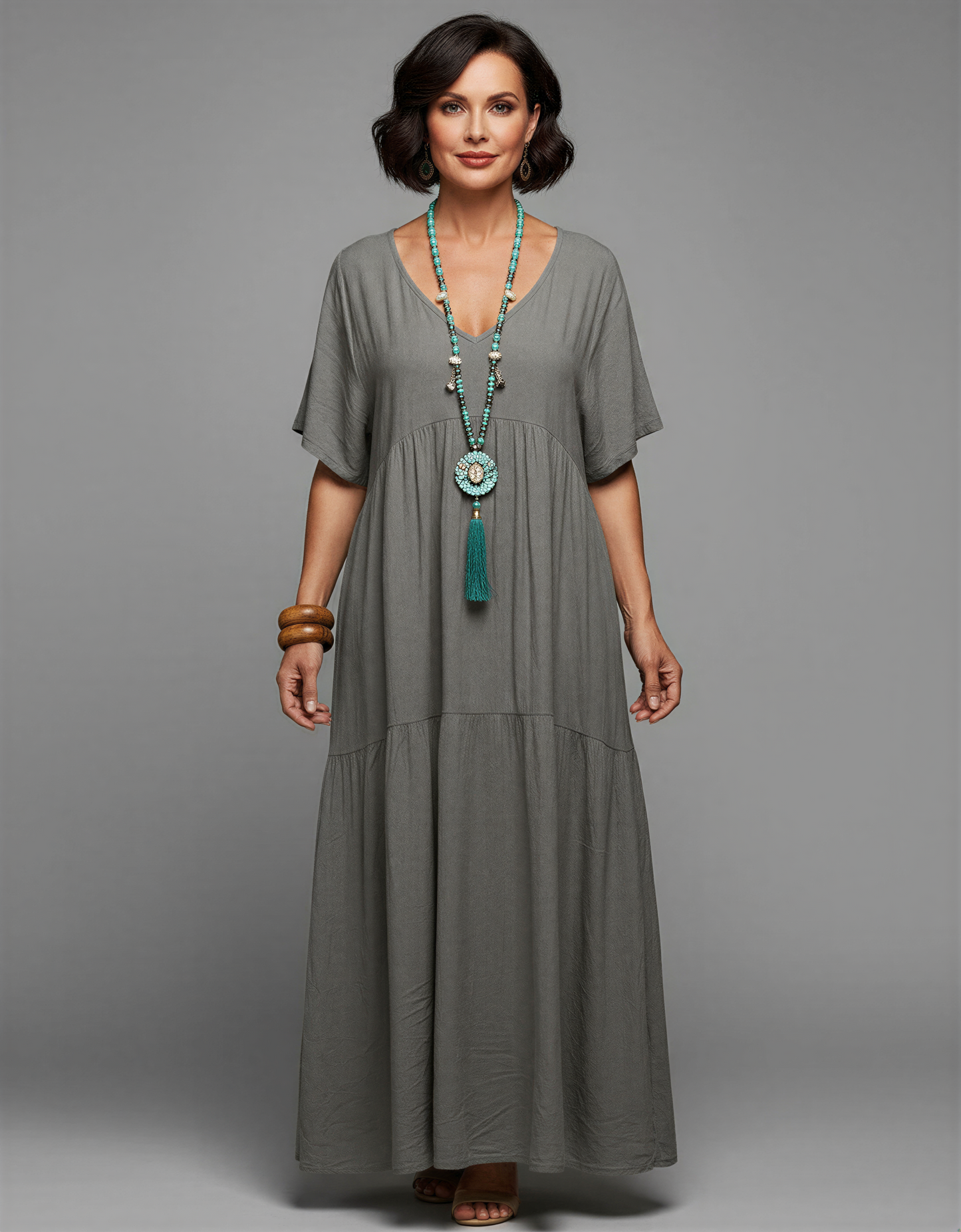 Plus Size Relaxed Fit Bohemian V-Neck Maxi Dress for Women 40+ – Comfortable Tiered Design