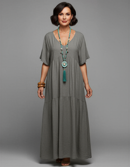 Plus Size Relaxed Fit Bohemian V-Neck Maxi Dress for Women 40+ – Comfortable Tiered Design