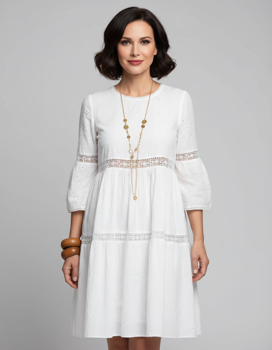 Plus Size Elegant Eyelet Lace Maxi Dress with 3/4 Sleeves – 40+ Collection