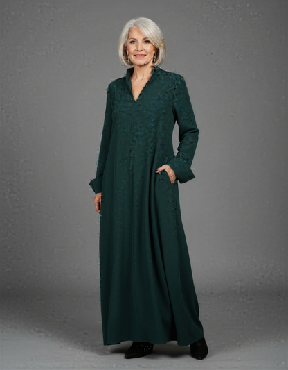 Black and Dark Green Long Sleeve Maxi Dress with Side Slits for Women - Elegant Comfort and Style