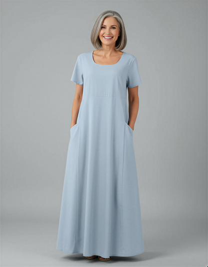 Elegant Plus Size Short Sleeve Maxi Dress with Hidden Pockets for Women 40+