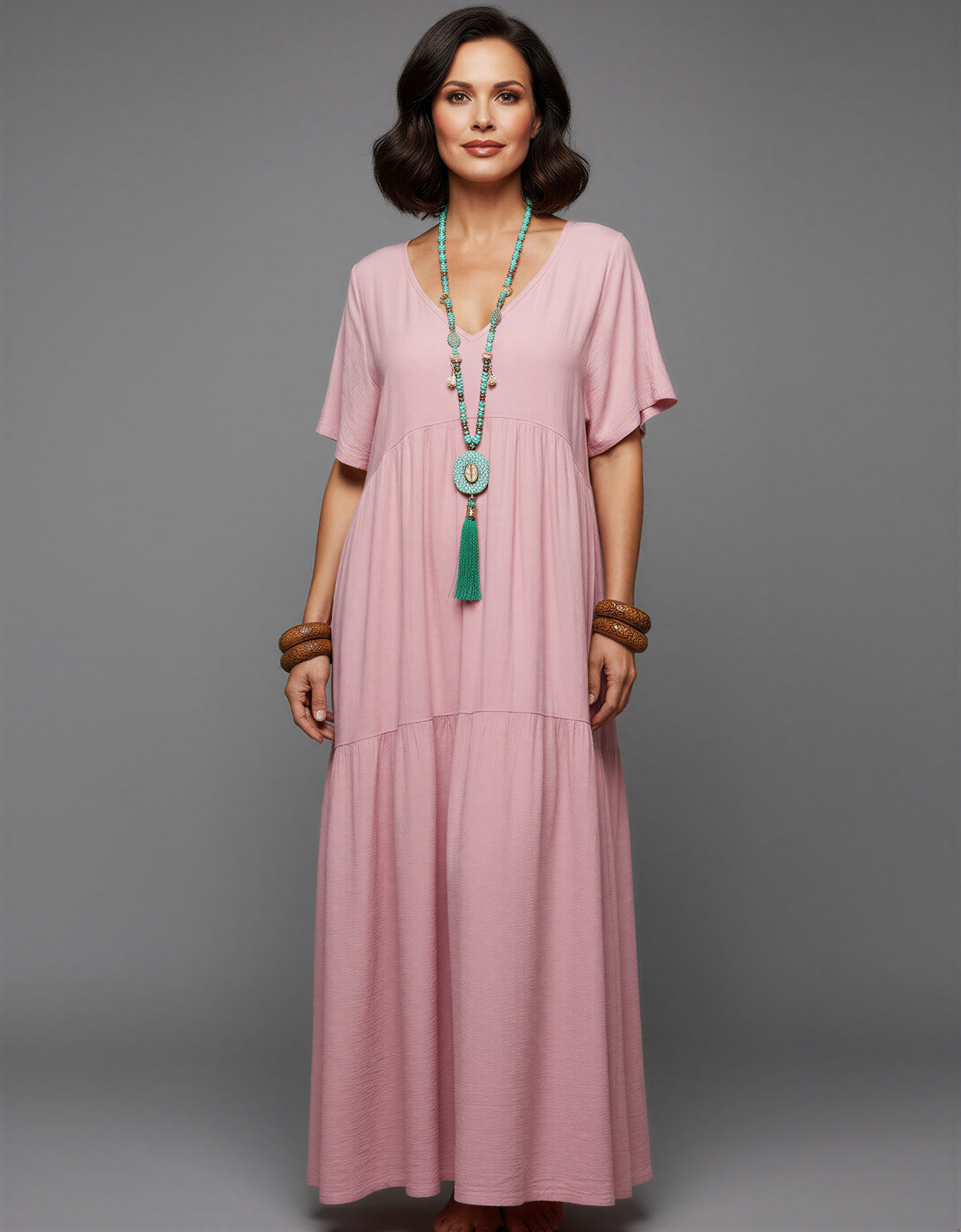 Plus Size Relaxed Fit Bohemian V-Neck Maxi Dress for Women 40+ – Comfortable Tiered Design