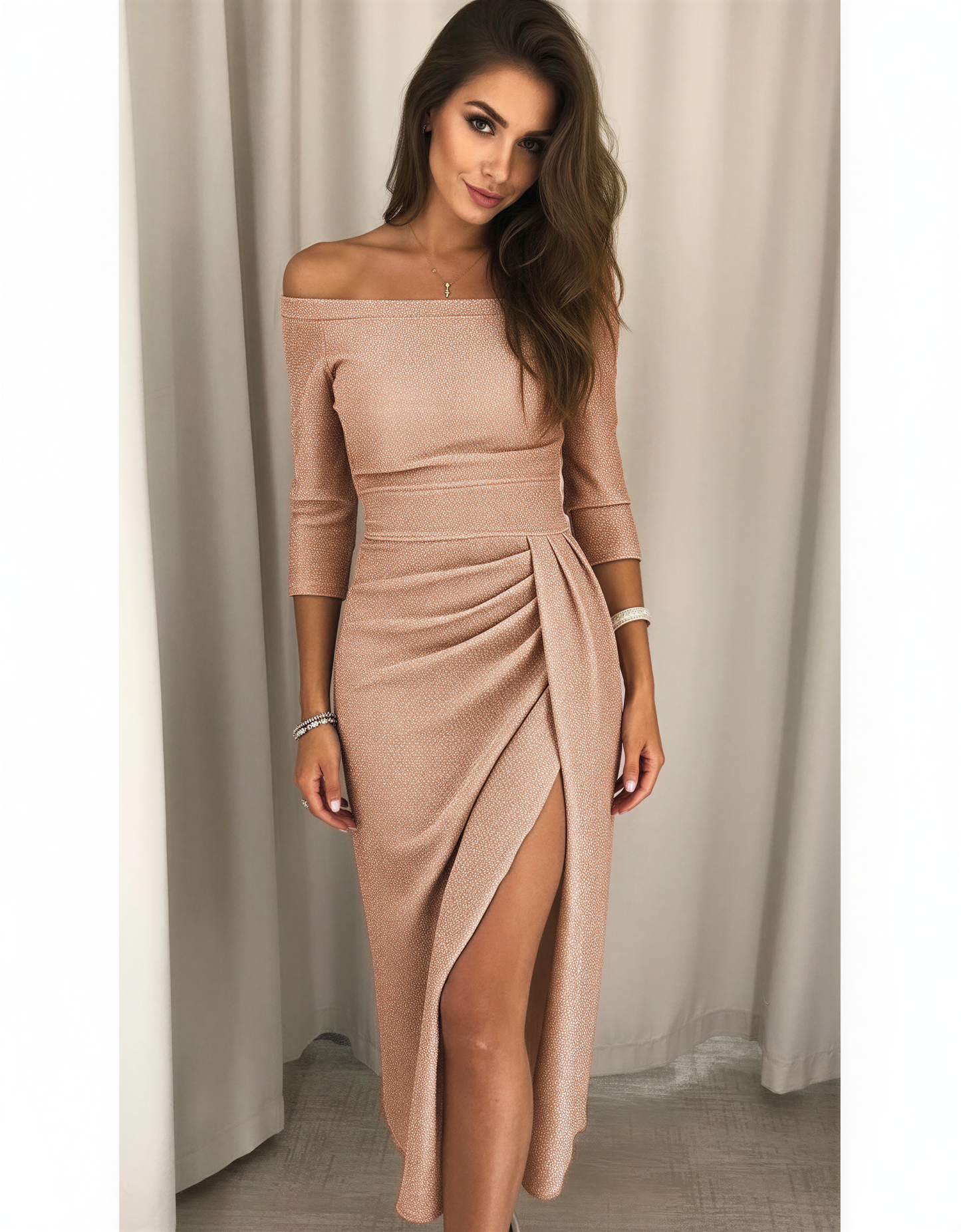 Stylish Off-Shoulder Midi Dress with Side Slit – Perfect for Formal Gatherings and Evening Wear