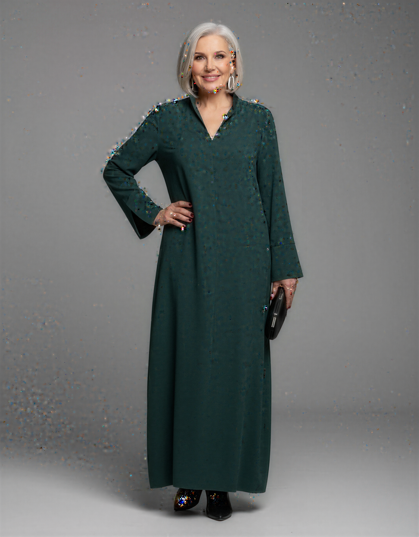 Black and Dark Green Long Sleeve Maxi Dress with Side Slits for Women - Elegant Comfort and Style