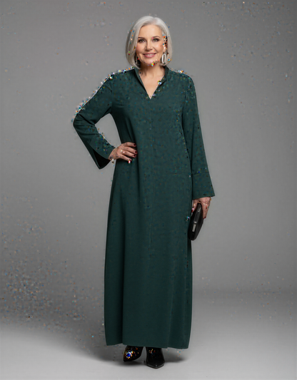 Black and Dark Green Long Sleeve Maxi Dress with Side Slits for Women - Elegant Comfort and Style
