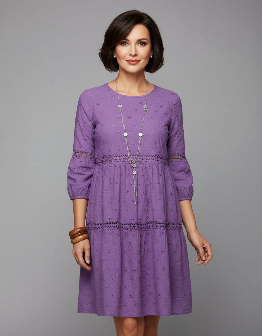 Plus Size Elegant Eyelet Lace Maxi Dress with 3/4 Sleeves – 40+ Collection